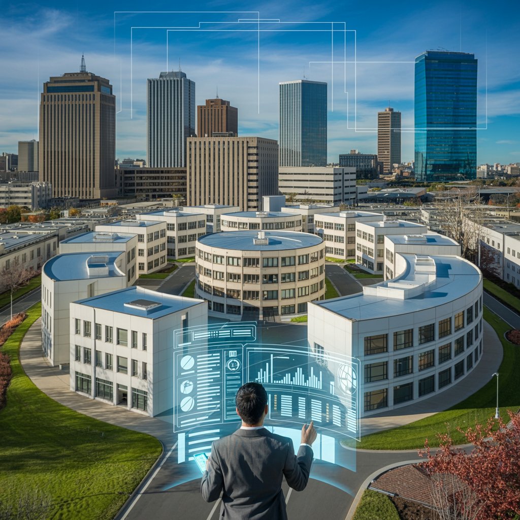 Section PME – Petites et Moyennes Entreprises sur la plateforme Analytix d’Inforisk : vue aérienne d’un ensemble de bureaux avec surimpression d’une interface de données transparente, un utilisateur de dos tenant une tablette, représentant l’abonnement annuel, le scoring IA, les alertes illimitées et le suivi des risques fournisseurs et clients.