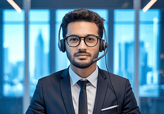 Page de contact Inforisk : conseiller client souriant portant un casque micro dans un centre d’appels, avec à droite un formulaire permettant aux professionnels, particuliers ou doctorants de poser une question, devenir client ou demander un retour par téléphone, email, fax ou courrier.