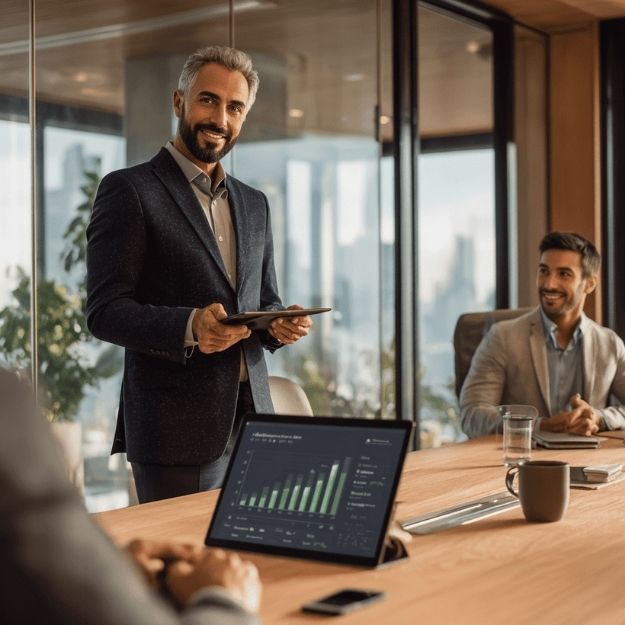 Responsable financier debout dans une salle de réunion moderne, tenant une tablette devant une équipe en discussion, avec un écran affichant des graphiques de performance, illustrant le service Risk Management d’Inforisk pour maîtriser le risque client et sécuriser la croissance.