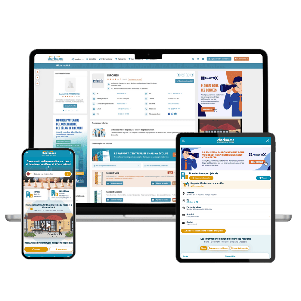 Plateforme Charika.ma d’Inforisk pour acheter des rapports d’entreprises marocaines et surveiller les sociétés importantes.
