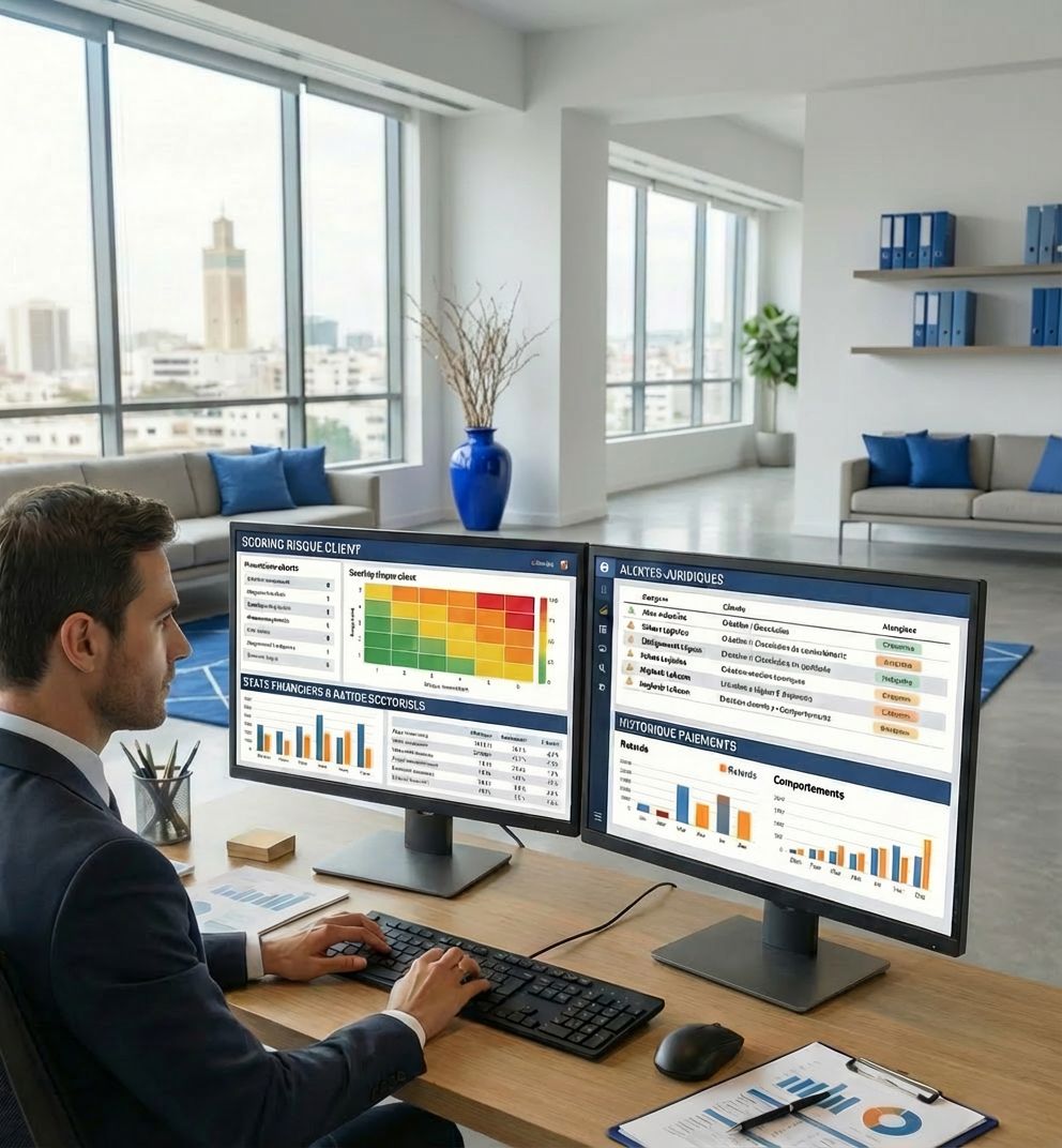 consultant en costume devant des courbes de croissance et des pictogrammes industriels et logistiques, illustrant l’accompagnement stratégique, l’audit de risque et le conseil en crédit management.