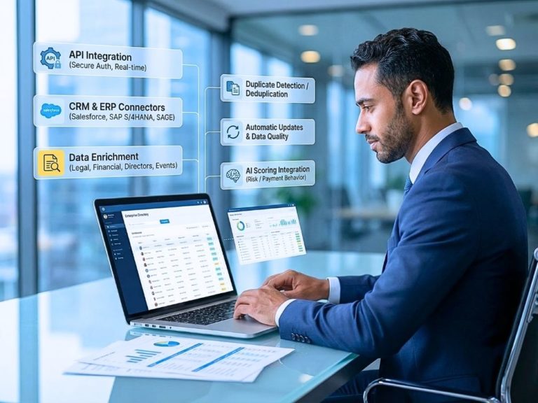 Homme en costume travaillant sur un ordinateur portable avec halo graphique autour du logo Inforisk relié à des icônes de cloud, base de données et tableaux de bord, représentant l’intégration d’Inforisk dans les outils métier CRM, ERP et décisionnels pour fiabiliser les données tiers.